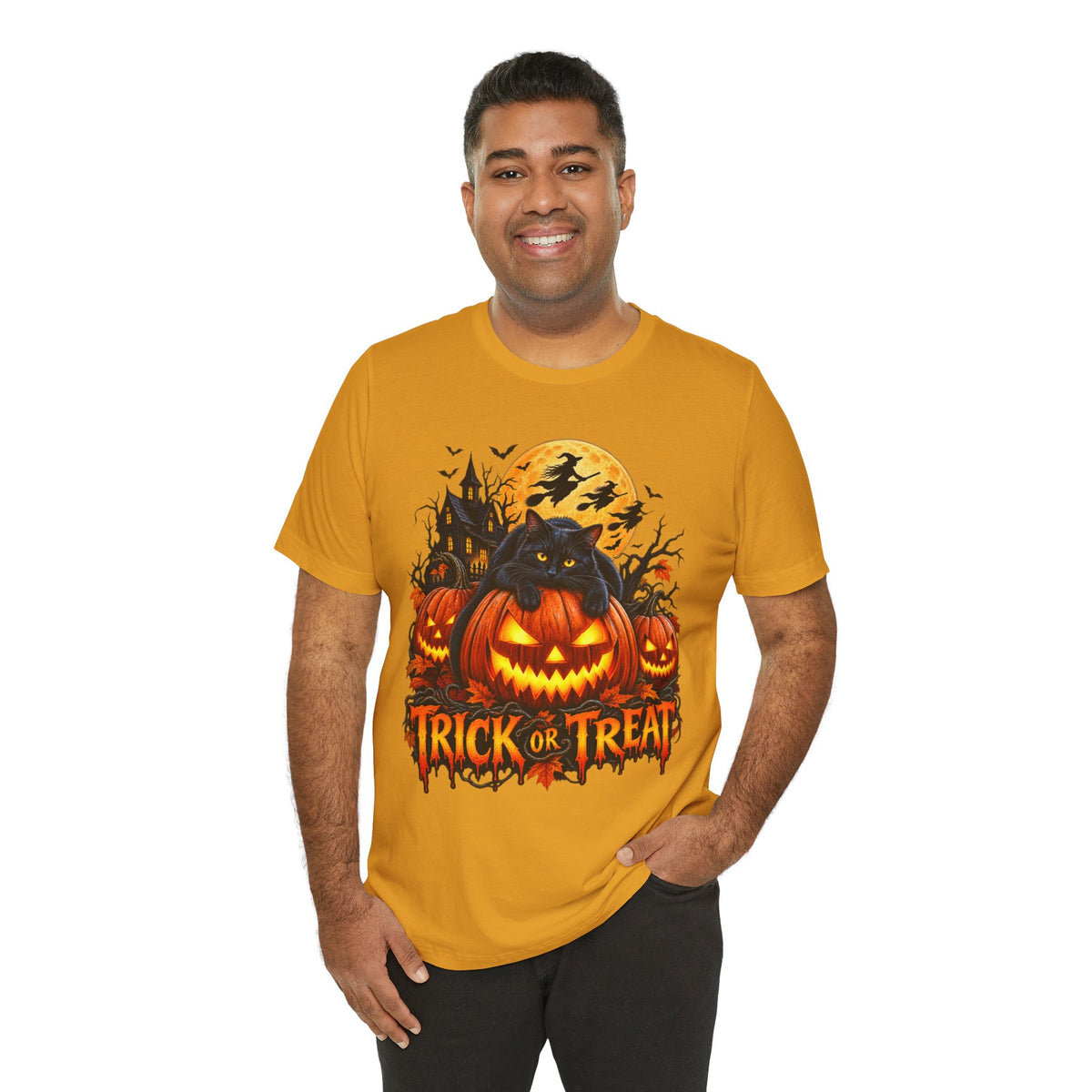 Trick or Treat Jack-O'-Lanterns Pumpkin Cat T-Shirt | Halloween Tee, Spooky Haunted Moon