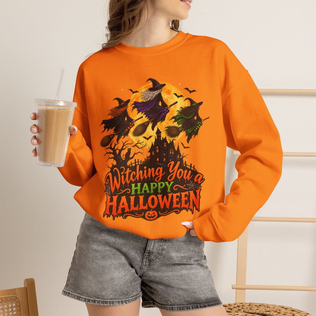 Witching You a Happy Halloween Crewneck Sweatshirt | Halloween Skull Moon Design
