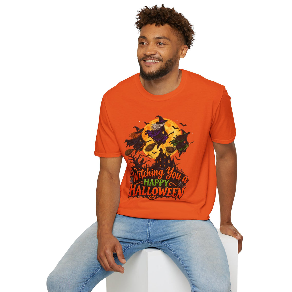 Witching You a Happy Halloween T-Shirt | Witch, Bats, Pumpkin, Moon
