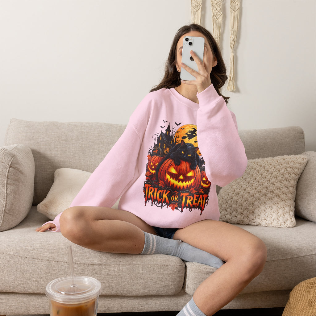 Trick or Treat Pumpkin Cat Sweatshirt | Halloween Jack-O'-Lantern Crewneck