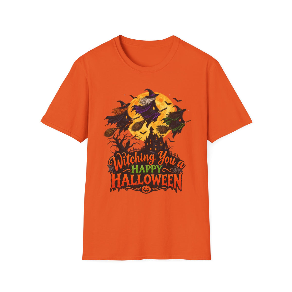 Witching You a Happy Halloween T-Shirt | Witch, Bats, Pumpkin, Moon