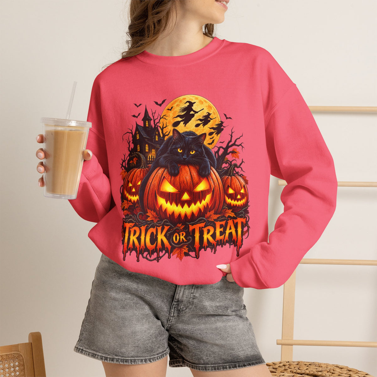 Trick or Treat Pumpkin Cat Sweatshirt | Halloween Jack-O'-Lantern Crewneck