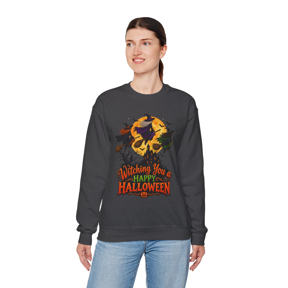 Witching You a Happy Halloween Crewneck Sweatshirt | Halloween Skull Moon Design