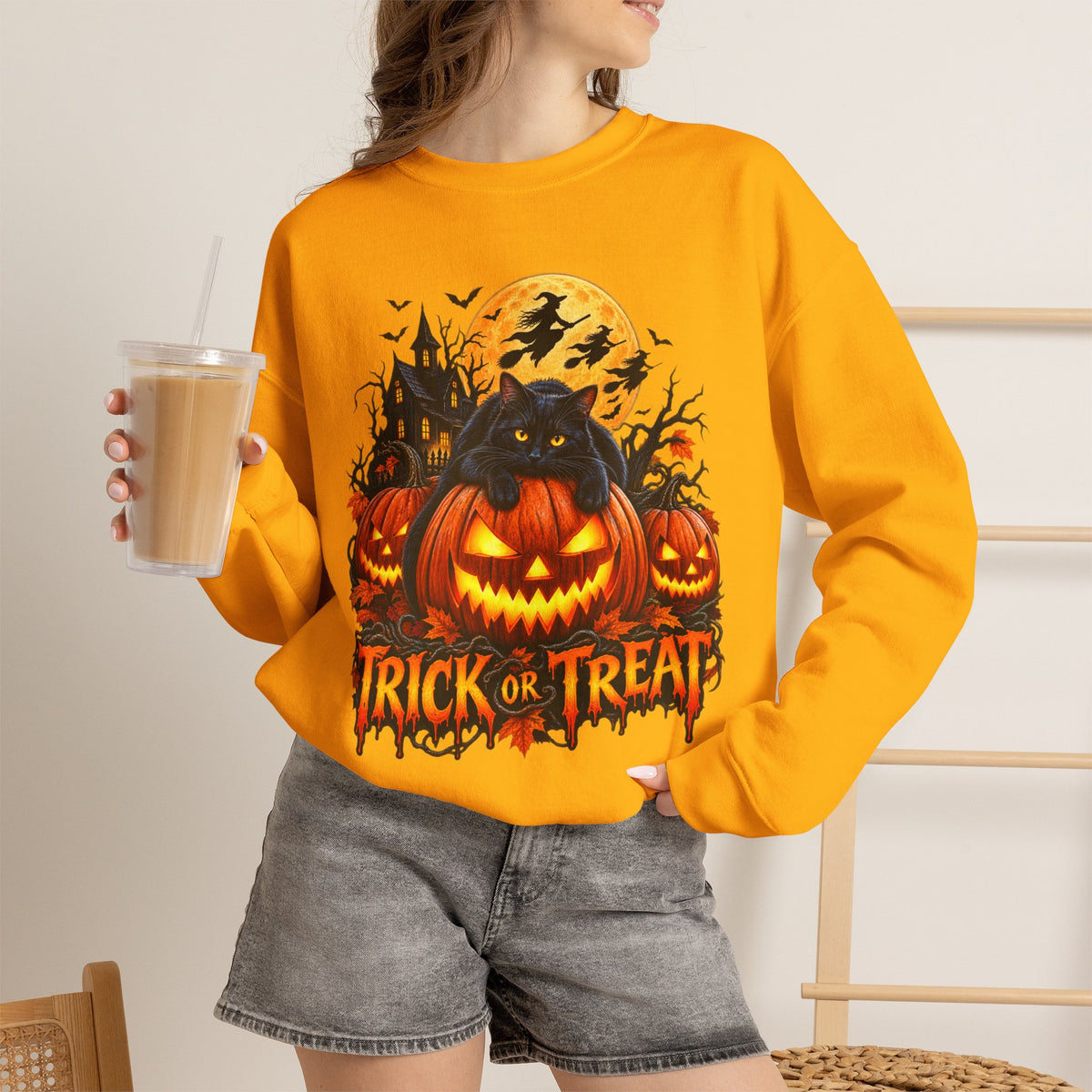 Trick or Treat Pumpkin Cat Sweatshirt | Halloween Jack-O'-Lantern Crewneck