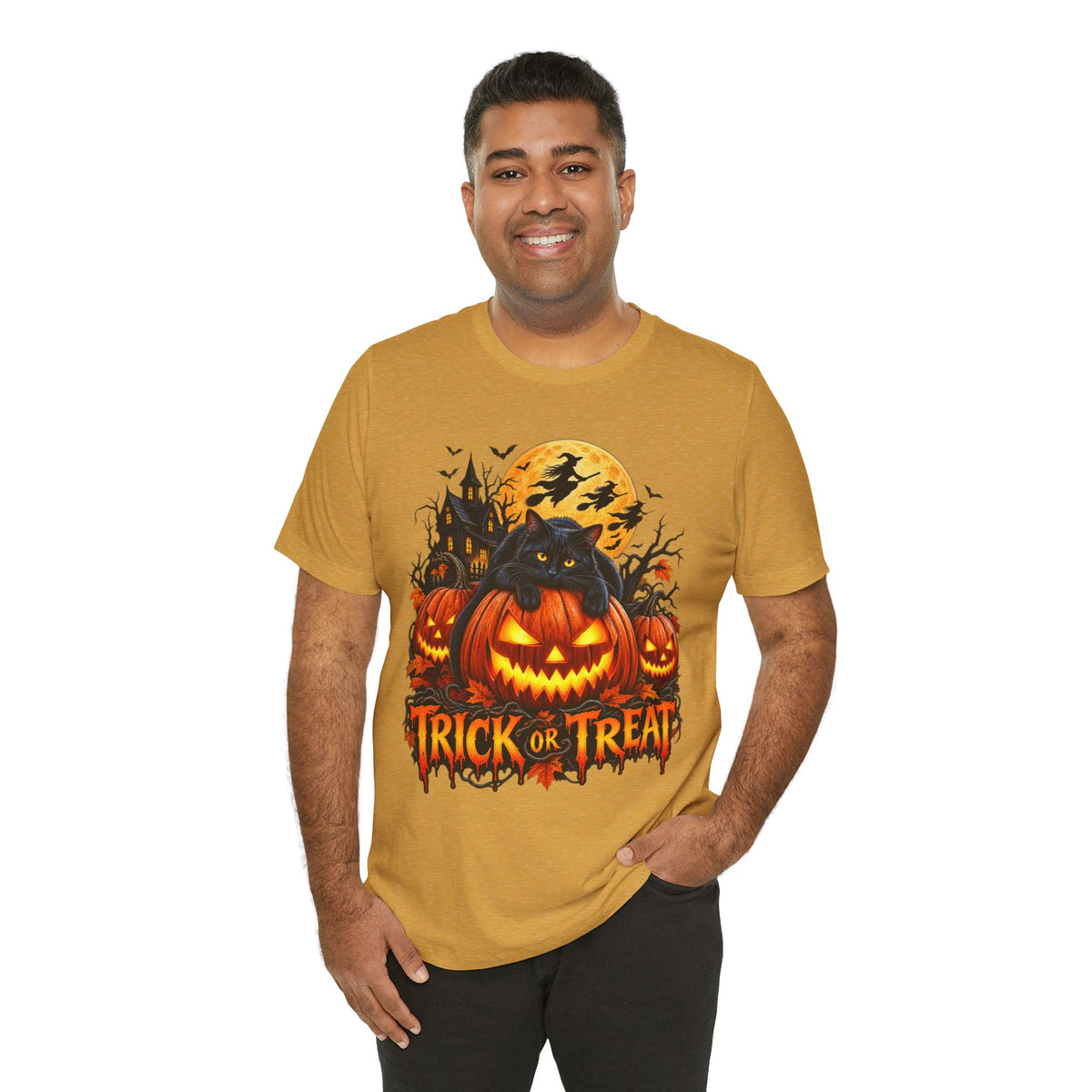 Trick or Treat Jack-O'-Lanterns Pumpkin Cat T-Shirt | Halloween Tee, Spooky Haunted Moon