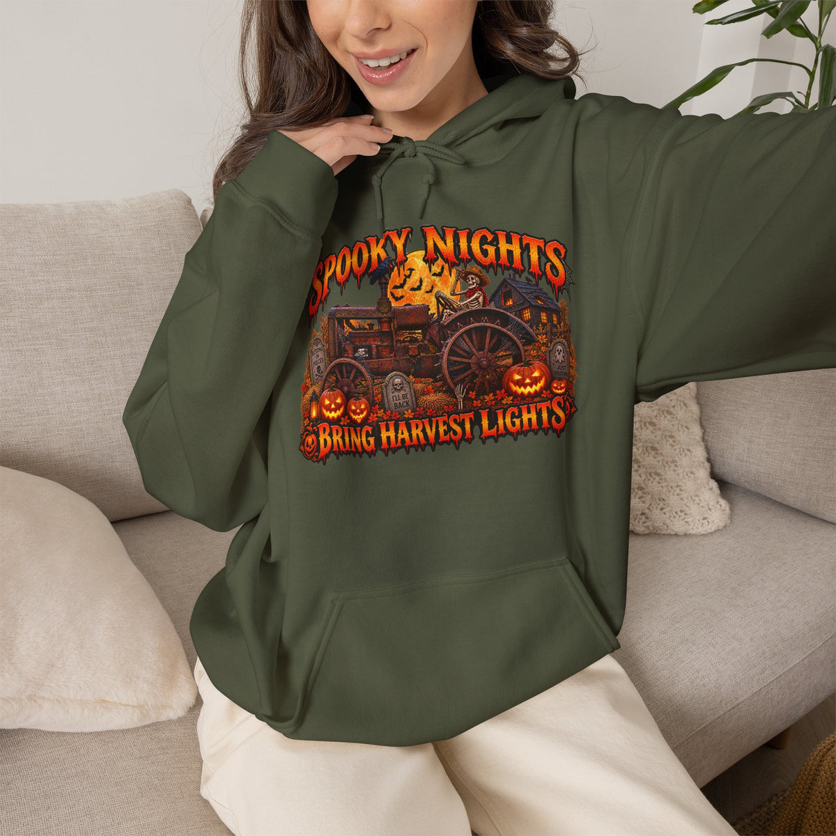 Spooky Nights Bring Harvest Lights Hoodie | Halloween Pumpkin Wagon Sweatshirt