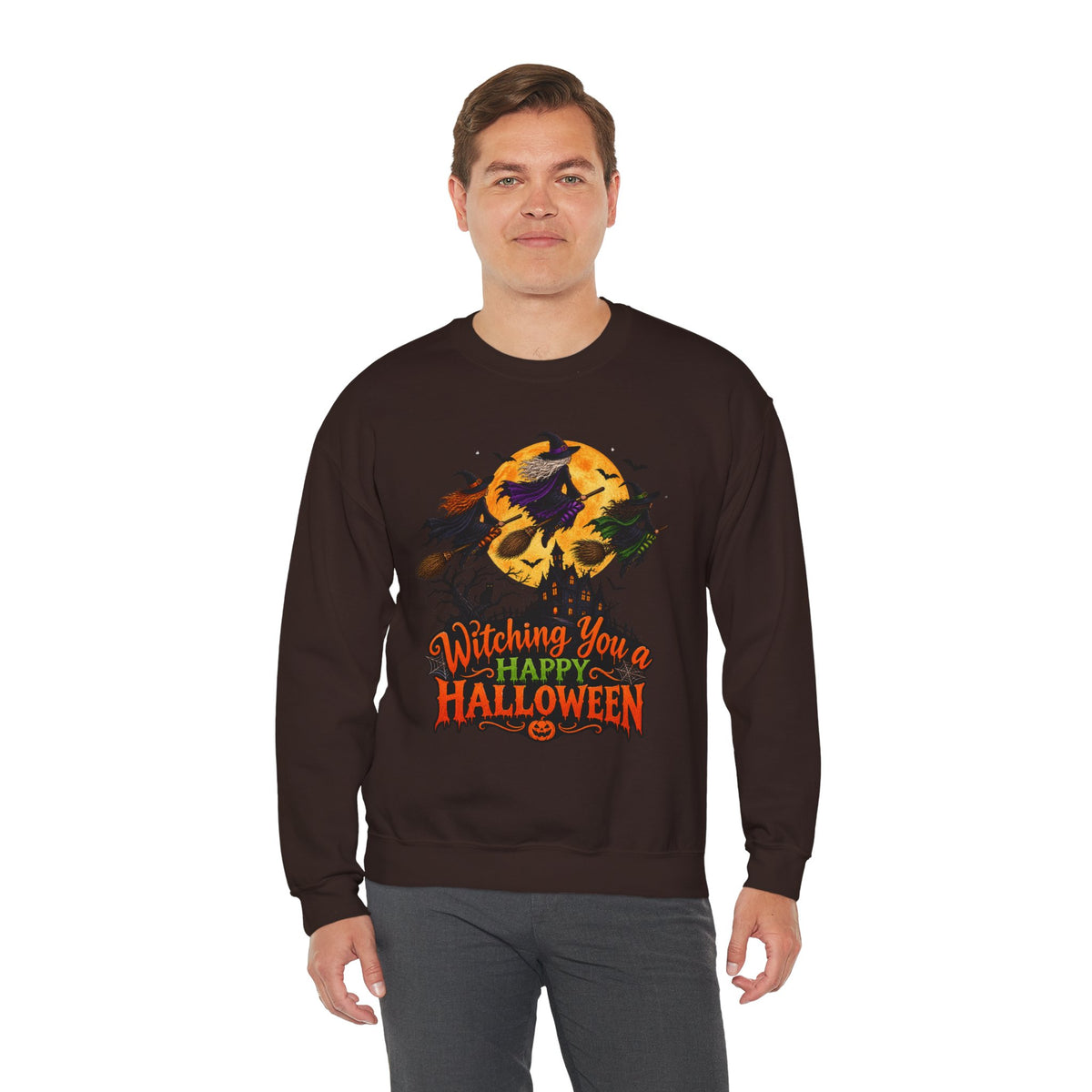 Witching You a Happy Halloween Crewneck Sweatshirt | Halloween Skull Moon Design