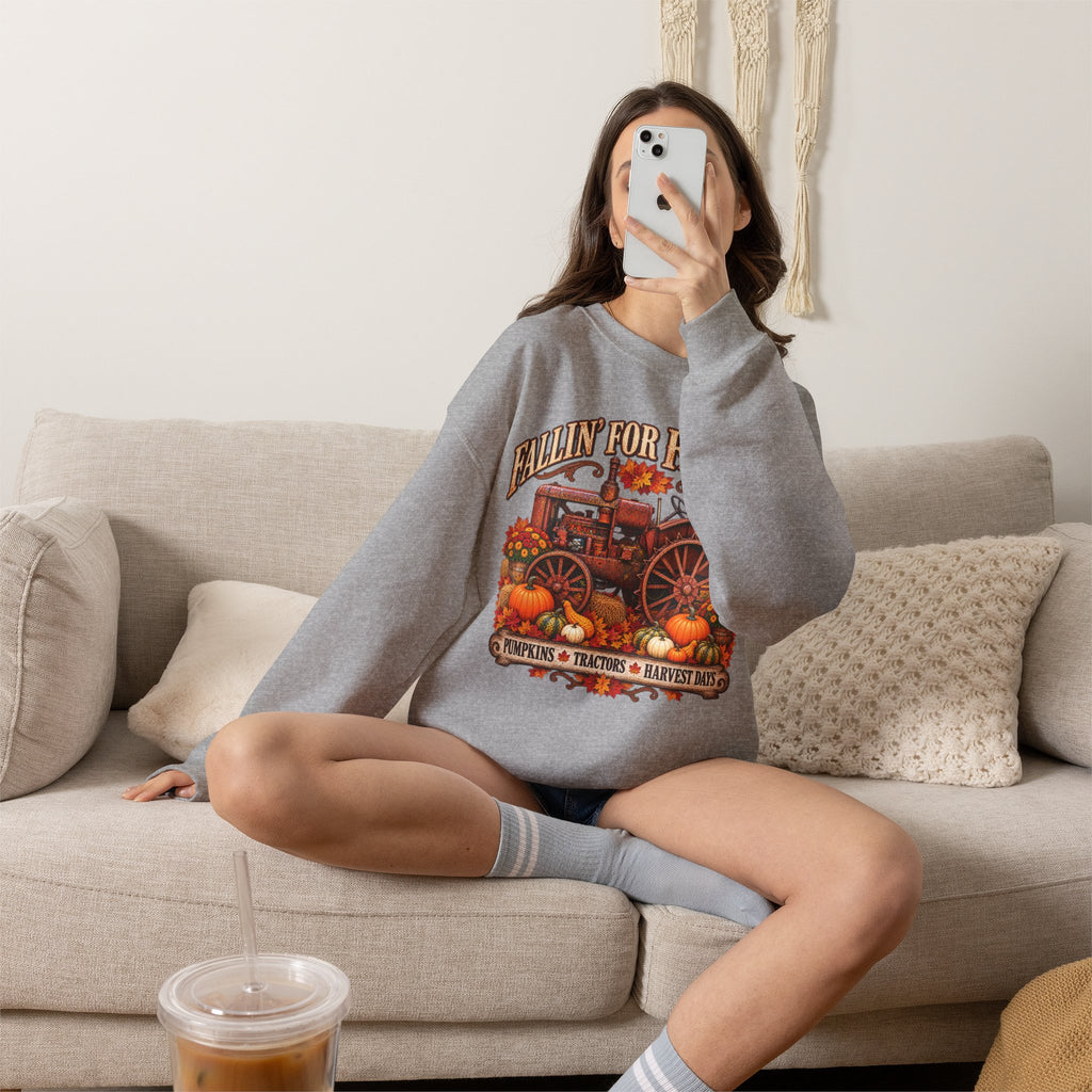 Fallin' for Farm Life Crewneck | Vintage Tractor, Pumpkins, Harvest
