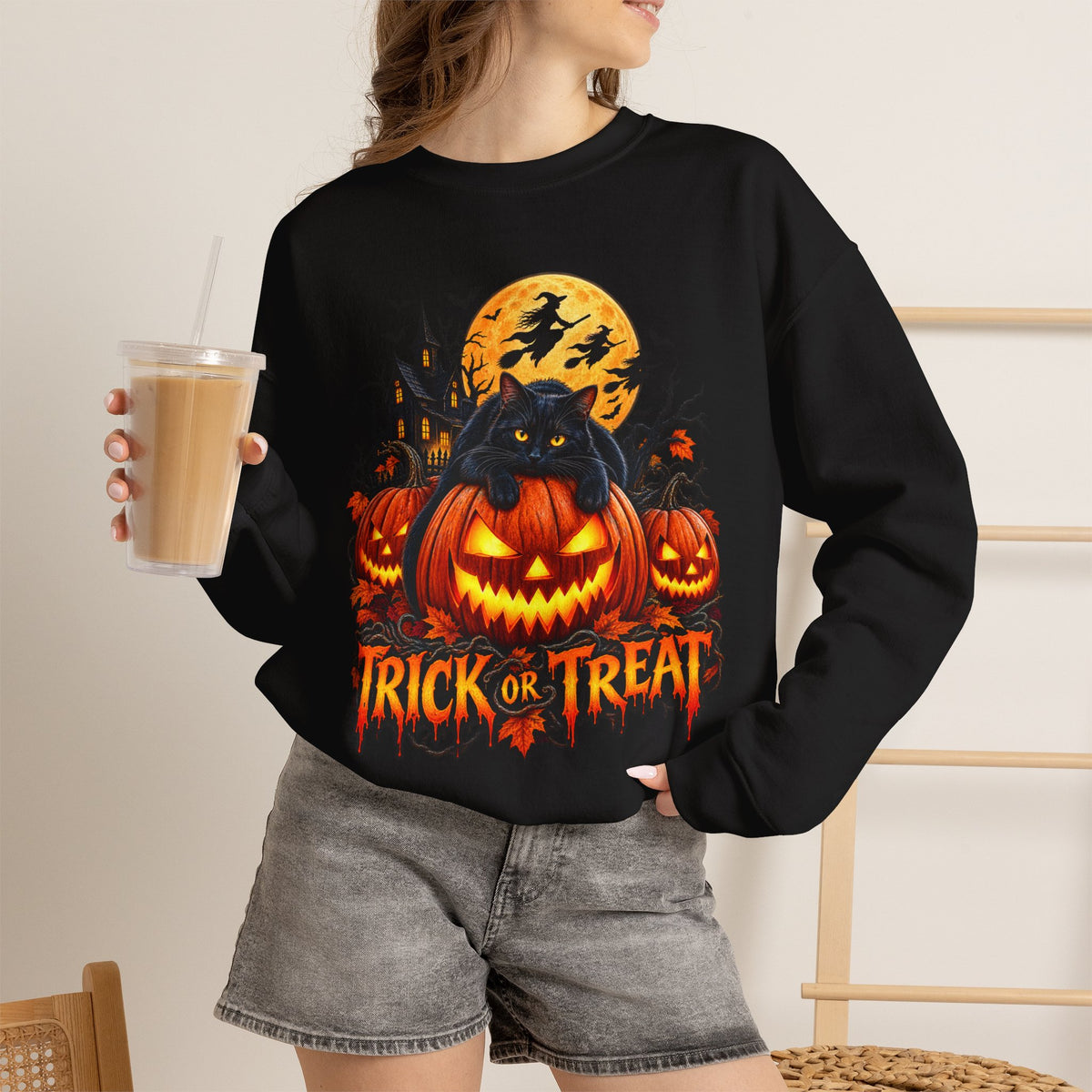 Trick or Treat Pumpkin Cat Sweatshirt | Halloween Jack-O'-Lantern Crewneck