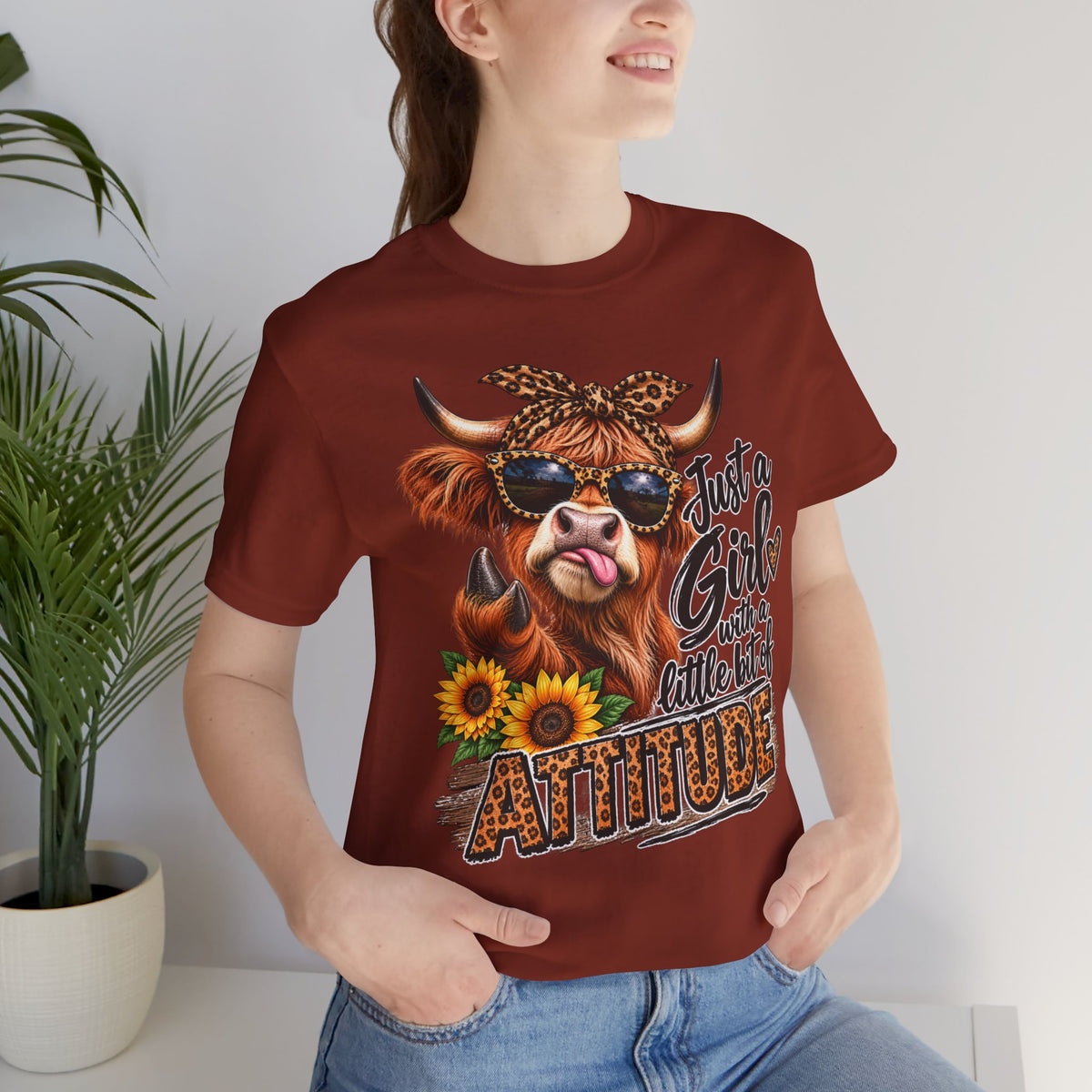 Girl With Attitude Cow Graphic Tee – "Just a Girl with a Little Bit of Attitude" Sunflower Shirt