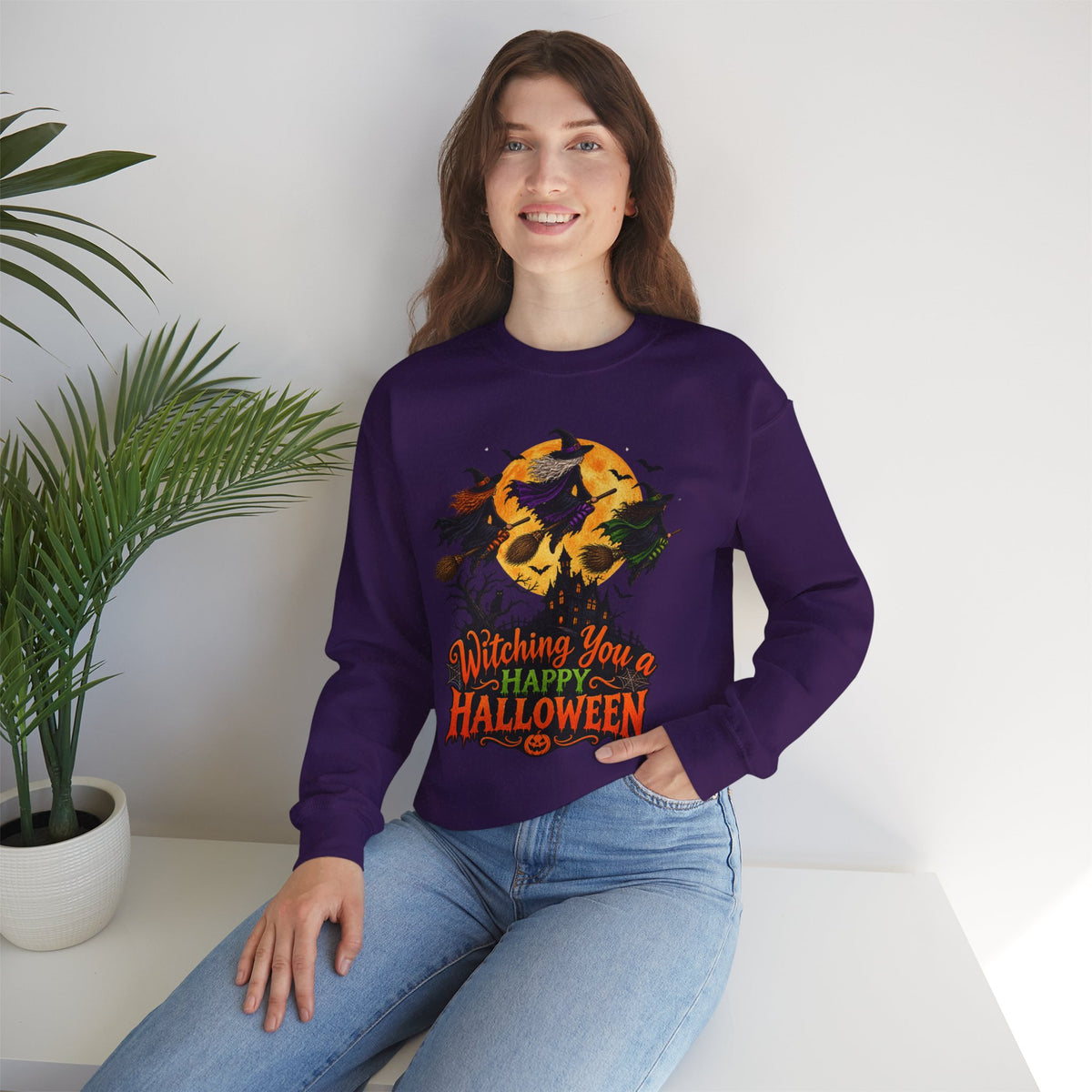 Witching You a Happy Halloween Crewneck Sweatshirt | Halloween Skull Moon Design