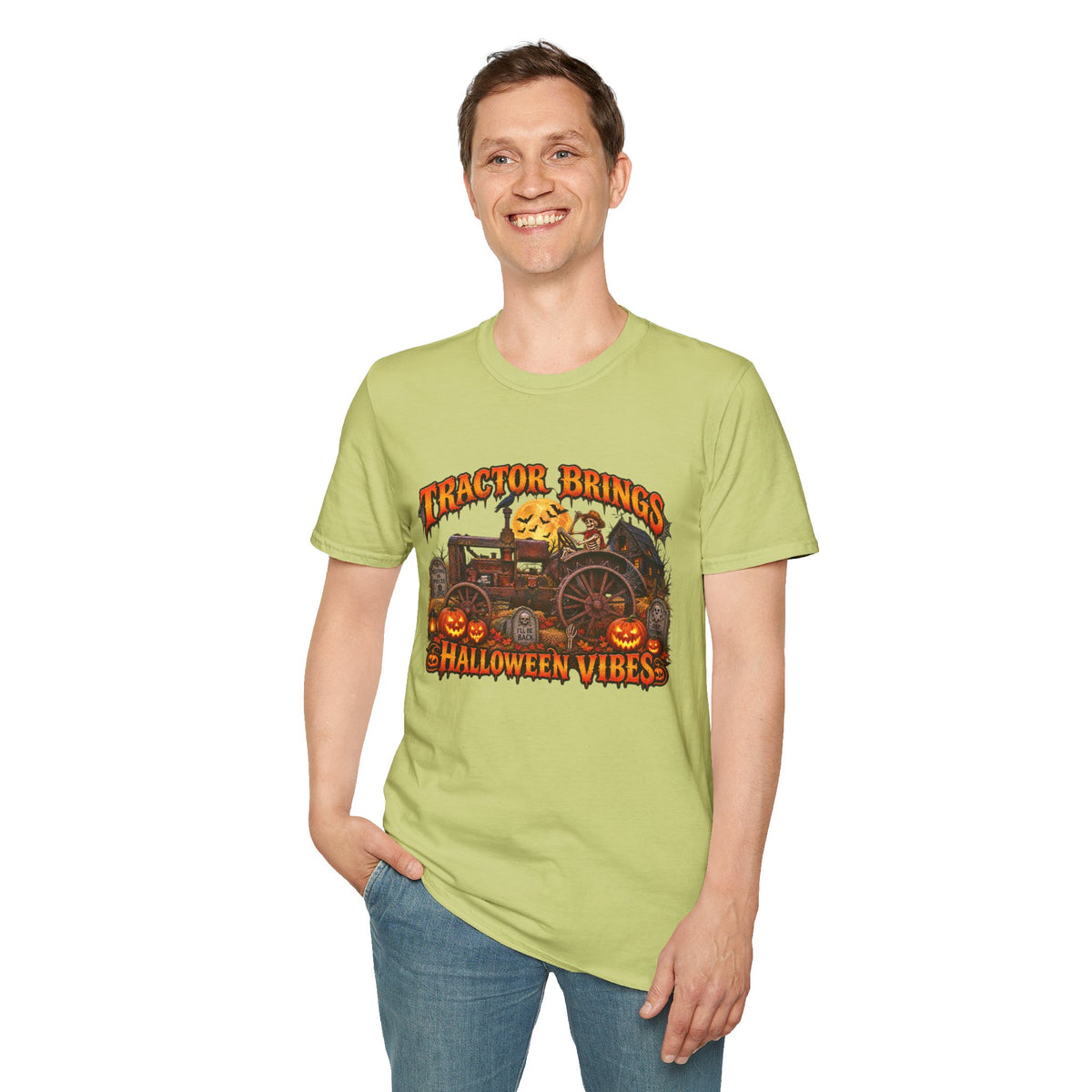 Tractor Brings Halloween Vibes T-Shirt | Pumpkin Farm Tractor Halloween Tee