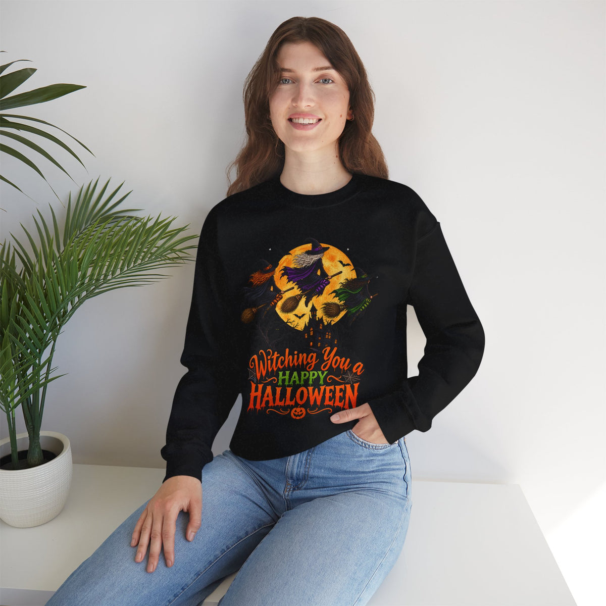 Witching You a Happy Halloween Crewneck Sweatshirt | Halloween Skull Moon Design
