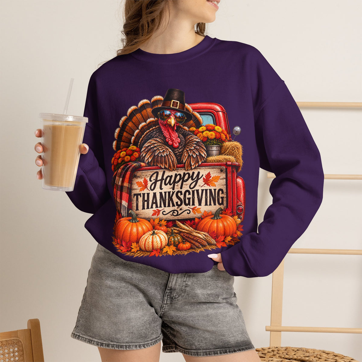 Happy Thanksgiving Turkey Sweatshirt — Fall Pumpkin Harvest Crewneck