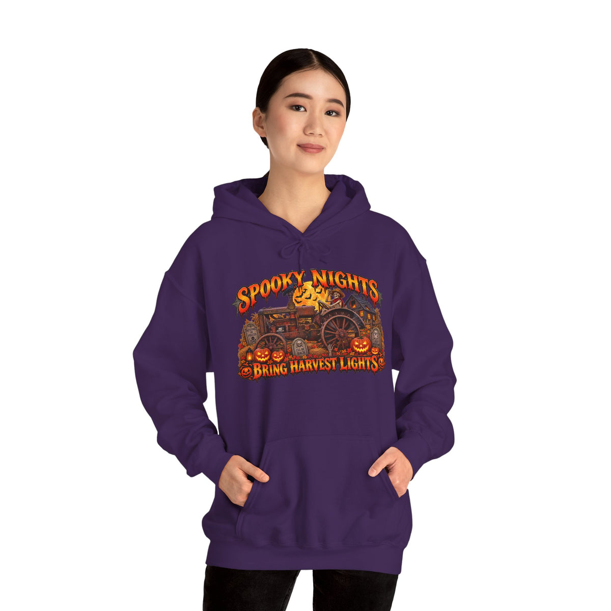 Spooky Nights Bring Harvest Lights Hoodie | Halloween Pumpkin Wagon Sweatshirt