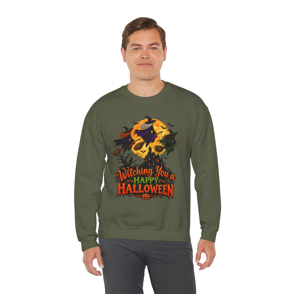 Witching You a Happy Halloween Crewneck Sweatshirt | Halloween Skull Moon Design