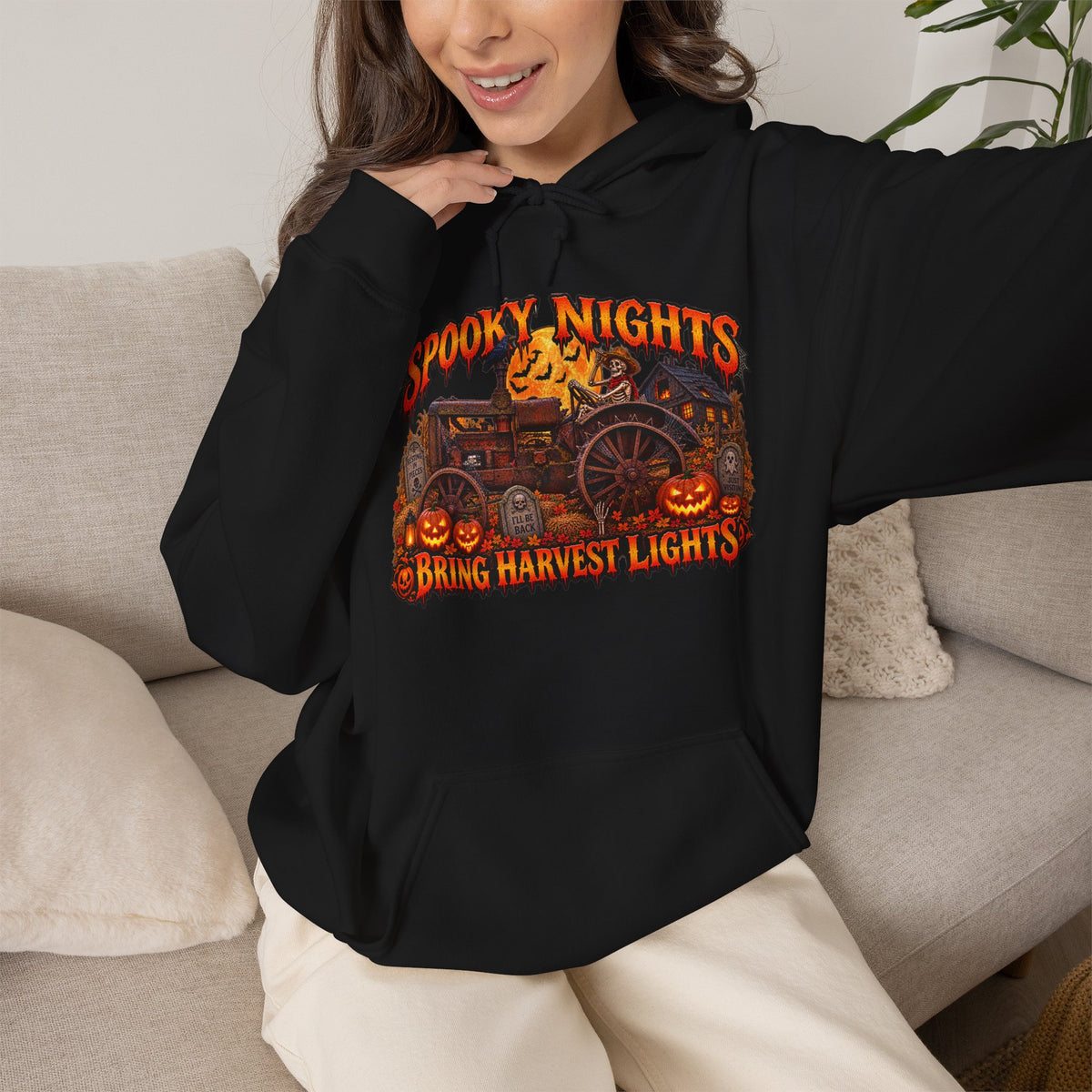 Spooky Nights Bring Harvest Lights Hoodie | Halloween Pumpkin Wagon Sweatshirt