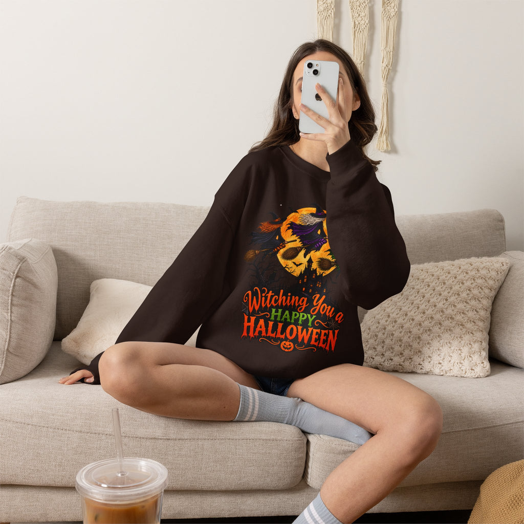 Witching You a Happy Halloween Crewneck Sweatshirt | Halloween Skull Moon Design