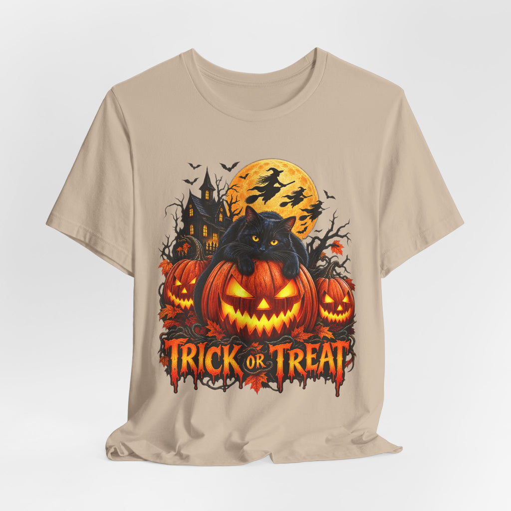 Trick or Treat Jack-O'-Lanterns Pumpkin Cat T-Shirt | Halloween Tee, Spooky Haunted Moon