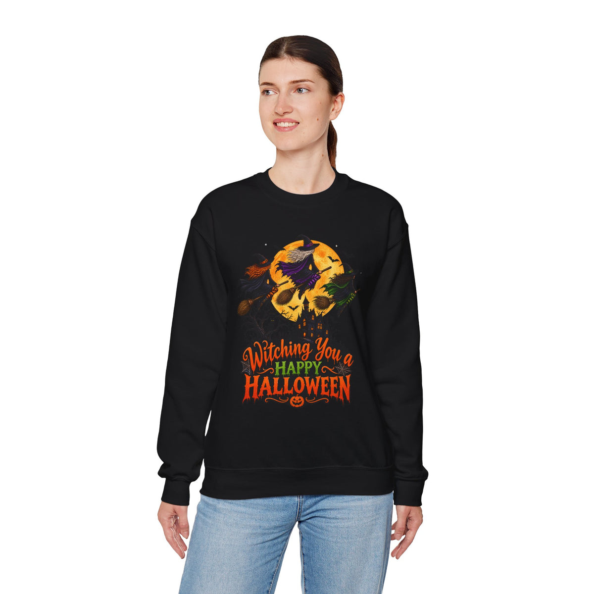 Witching You a Happy Halloween Crewneck Sweatshirt | Halloween Skull Moon Design