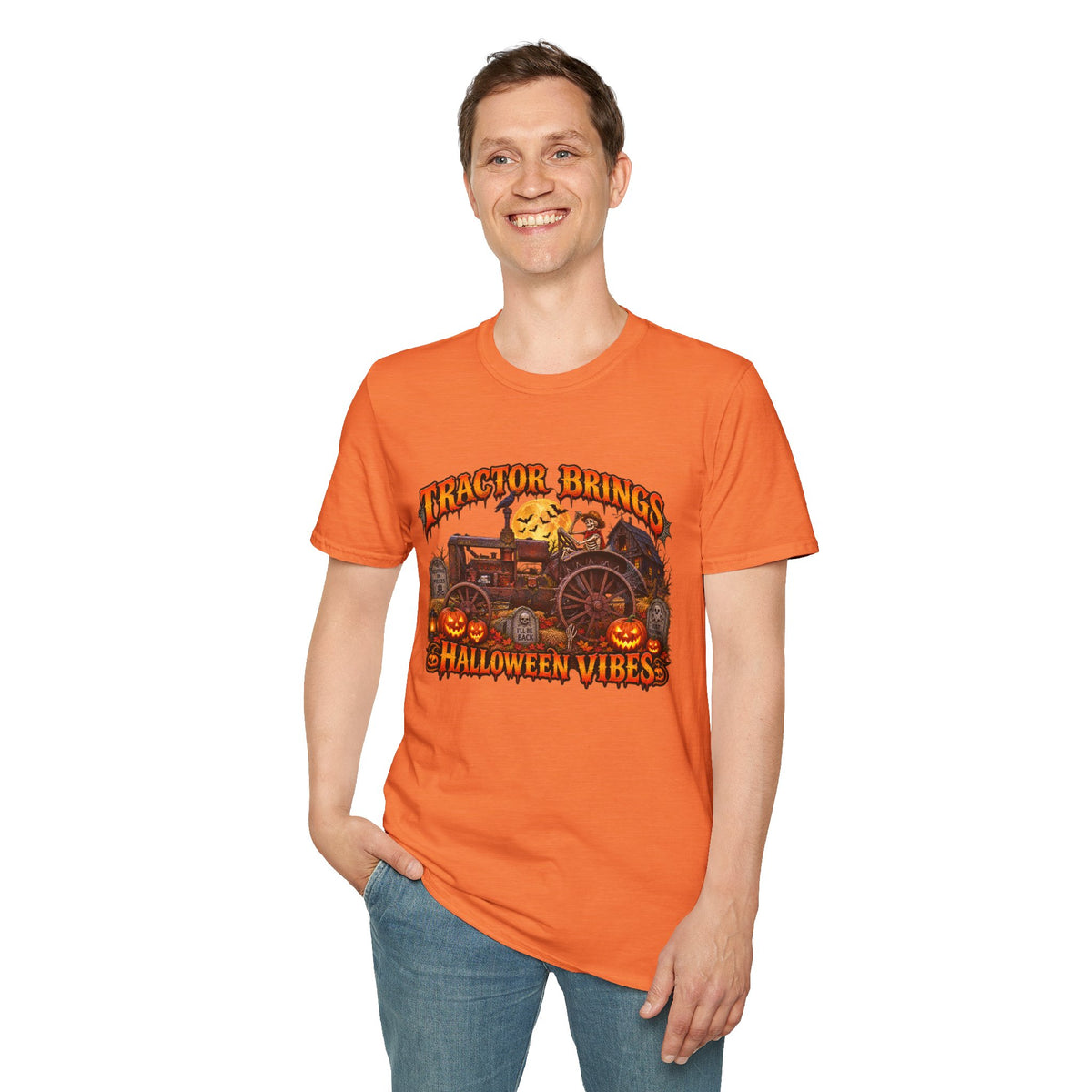 Tractor Brings Halloween Vibes T-Shirt | Pumpkin Farm Tractor Halloween Tee
