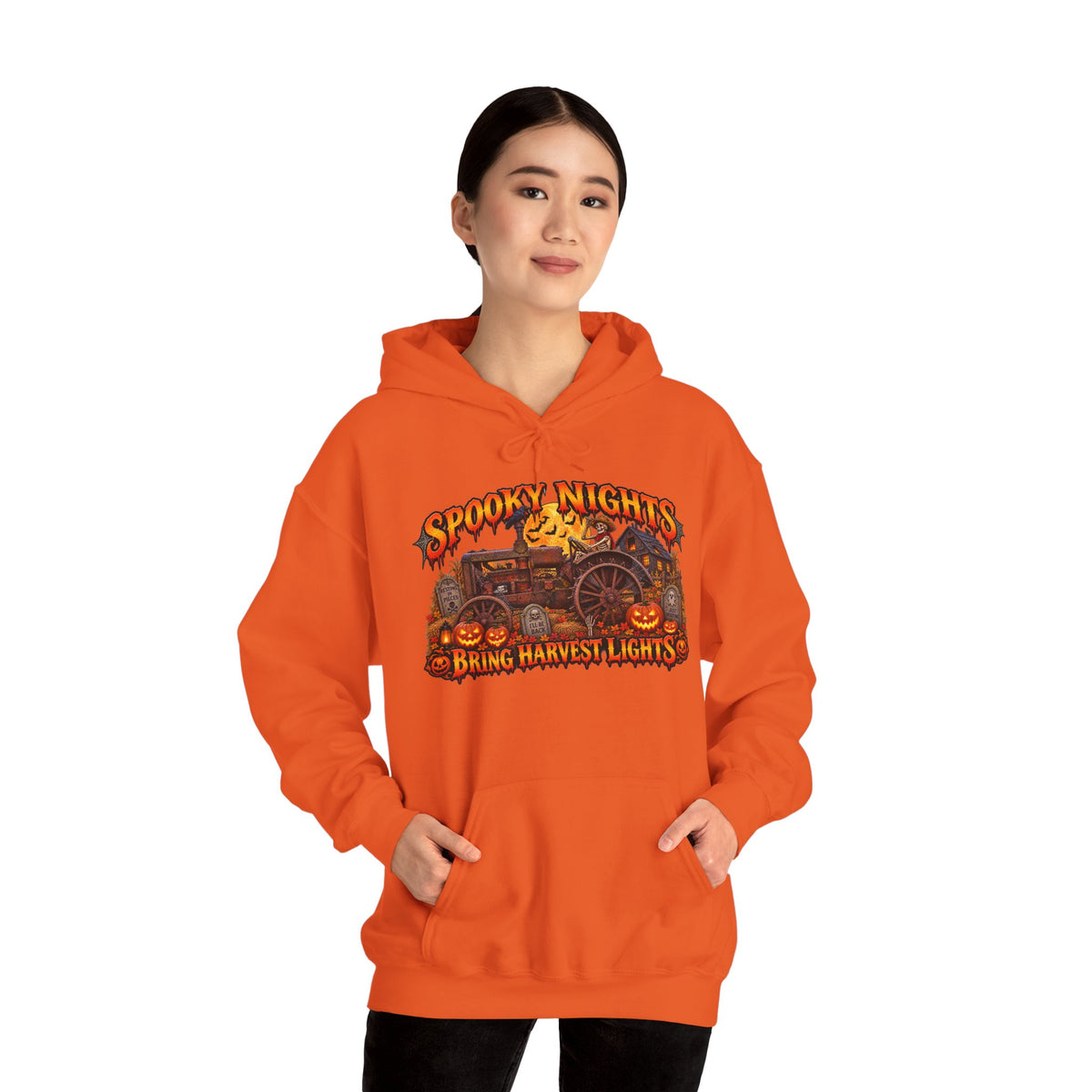 Spooky Nights Bring Harvest Lights Hoodie | Halloween Pumpkin Wagon Sweatshirt