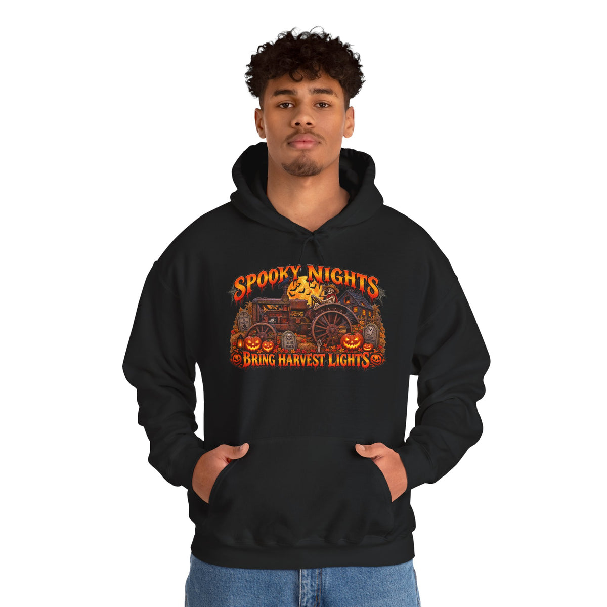 Spooky Nights Bring Harvest Lights Hoodie | Halloween Pumpkin Wagon Sweatshirt
