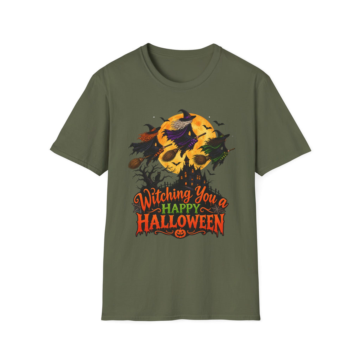 Witching You a Happy Halloween T-Shirt | Witch, Bats, Pumpkin, Moon