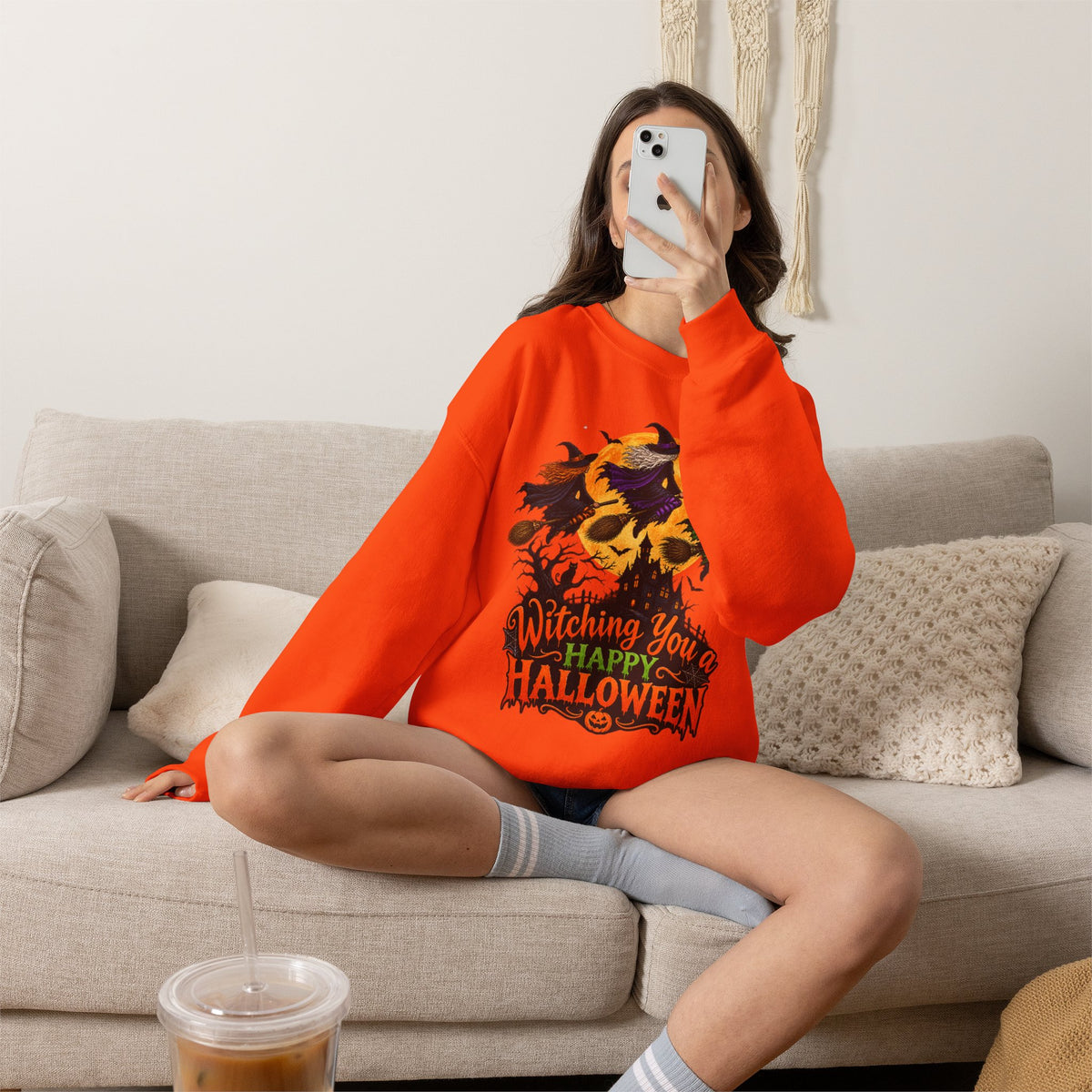 Witching You a Happy Halloween Crewneck Sweatshirt | Halloween Skull Moon Design