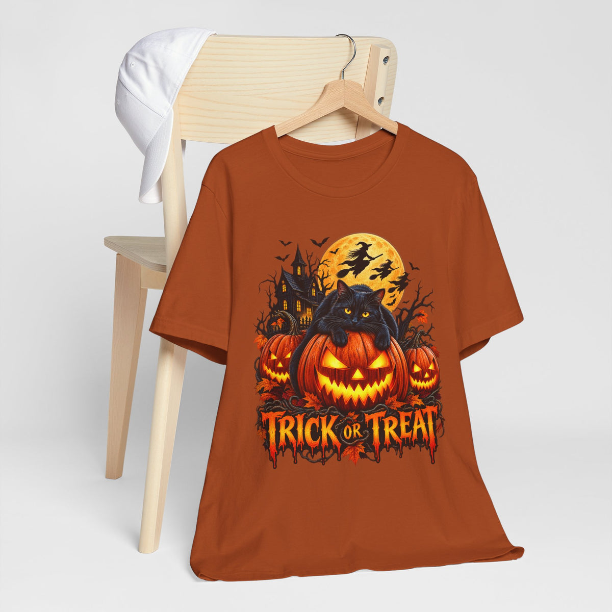 Trick or Treat Jack-O'-Lanterns Pumpkin Cat T-Shirt | Halloween Tee, Spooky Haunted Moon