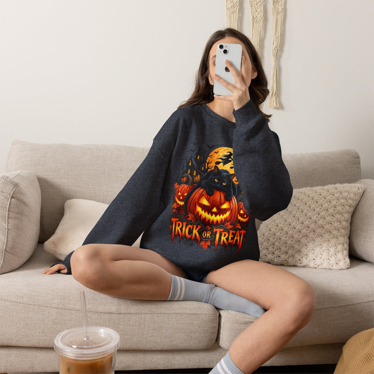 Trick or Treat Pumpkin Cat Sweatshirt | Halloween Jack-O'-Lantern Crewneck
