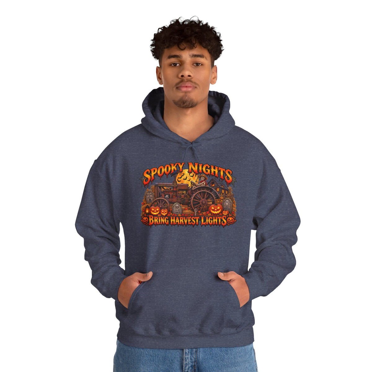 Spooky Nights Bring Harvest Lights Hoodie | Halloween Pumpkin Wagon Sweatshirt