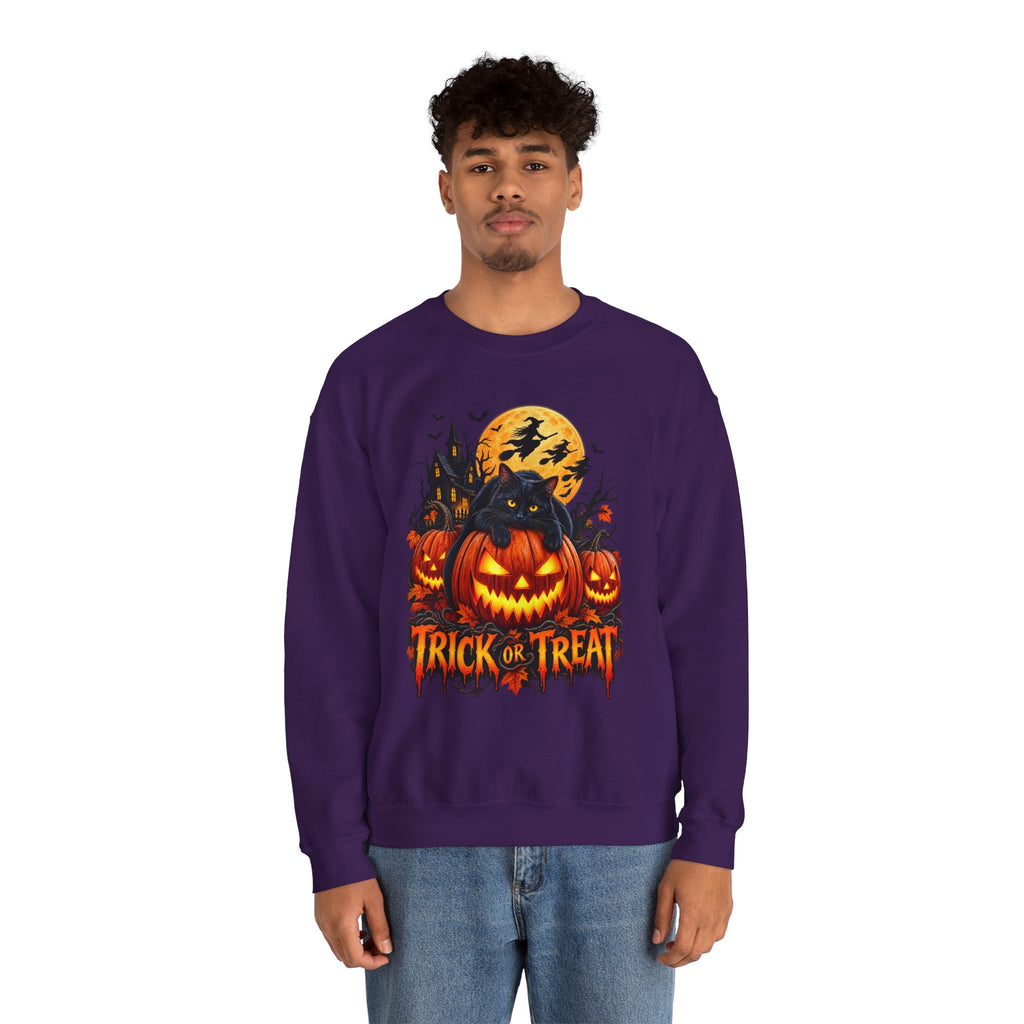 Trick or Treat Pumpkin Cat Sweatshirt | Halloween Jack-O'-Lantern Crewneck