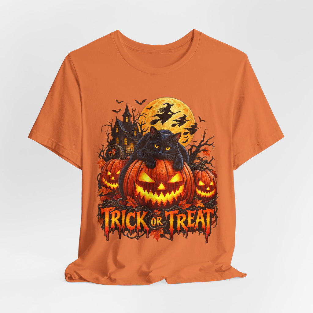 Trick or Treat Jack-O'-Lanterns Pumpkin Cat T-Shirt | Halloween Tee, Spooky Haunted Moon