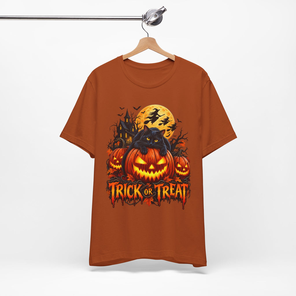 Trick or Treat Jack-O'-Lanterns Pumpkin Cat T-Shirt | Halloween Tee, Spooky Haunted Moon