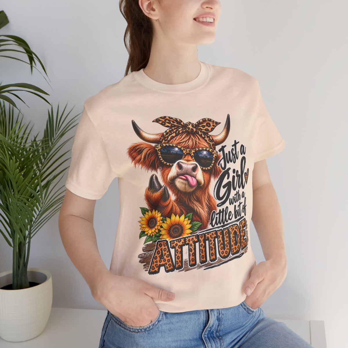 Girl With Attitude Cow Graphic Tee – "Just a Girl with a Little Bit of Attitude" Sunflower Shirt