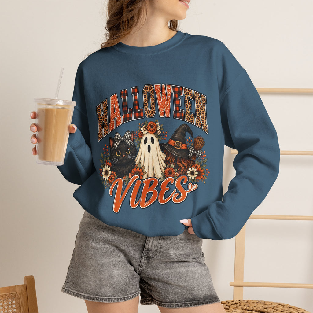 Halloween Vibes Sweatshirt — Cute Ghost & Black Cat Fall Crewneck