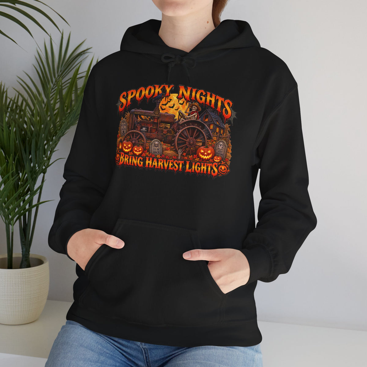 Spooky Nights Bring Harvest Lights Hoodie | Halloween Pumpkin Wagon Sweatshirt