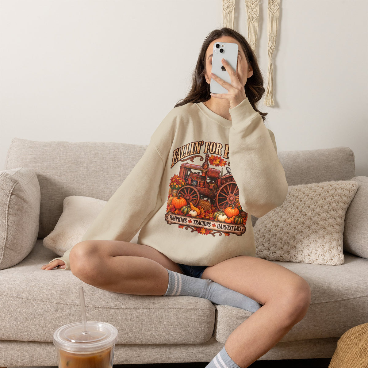 Fallin' for Farm Life Crewneck | Vintage Tractor, Pumpkins, Harvest