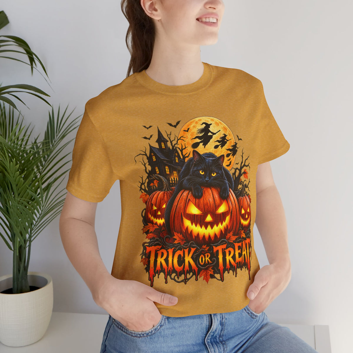 Trick or Treat Jack-O'-Lanterns Pumpkin Cat T-Shirt | Halloween Tee, Spooky Haunted Moon