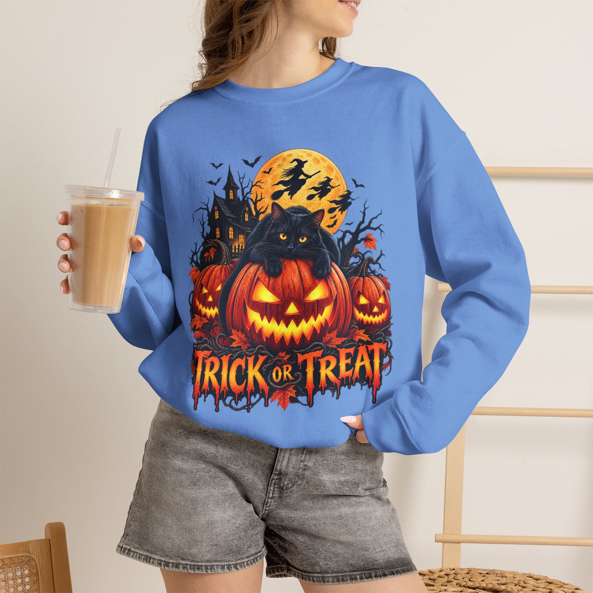 Trick or Treat Pumpkin Cat Sweatshirt | Halloween Jack-O'-Lantern Crewneck