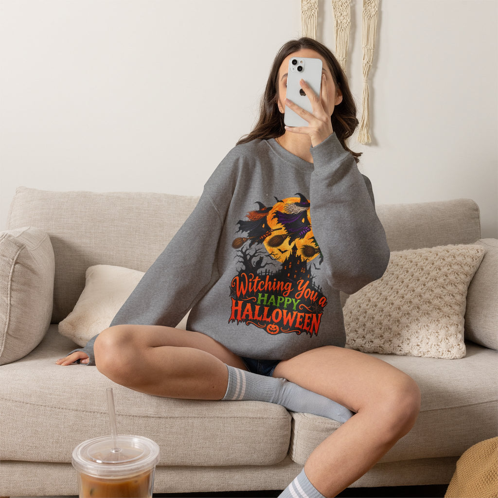 Witching You a Happy Halloween Crewneck Sweatshirt | Halloween Skull Moon Design