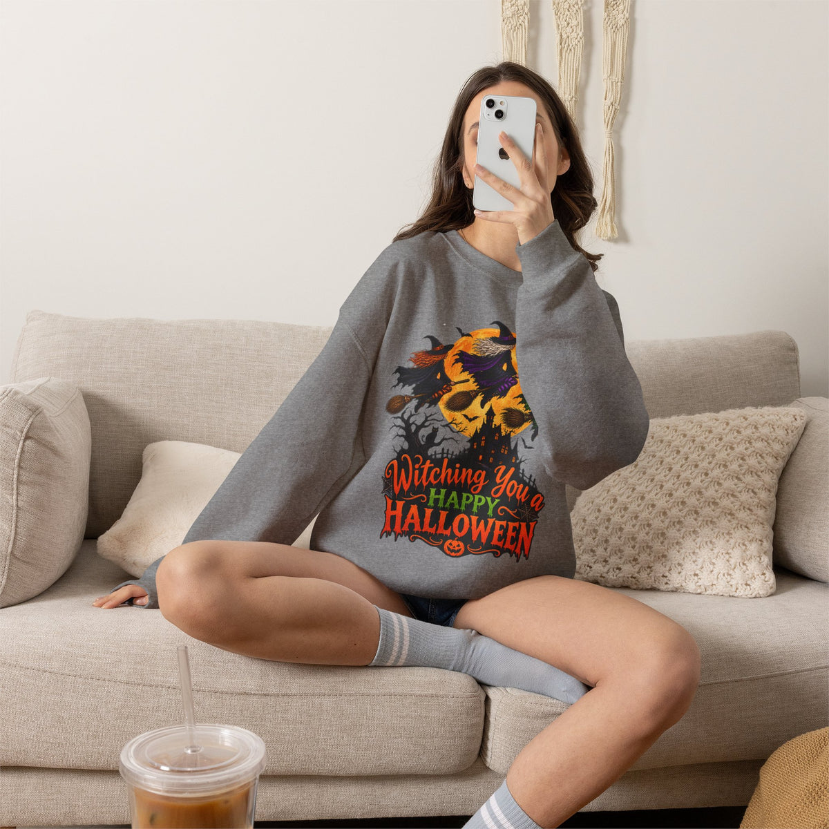 Witching You a Happy Halloween Crewneck Sweatshirt | Halloween Skull Moon Design