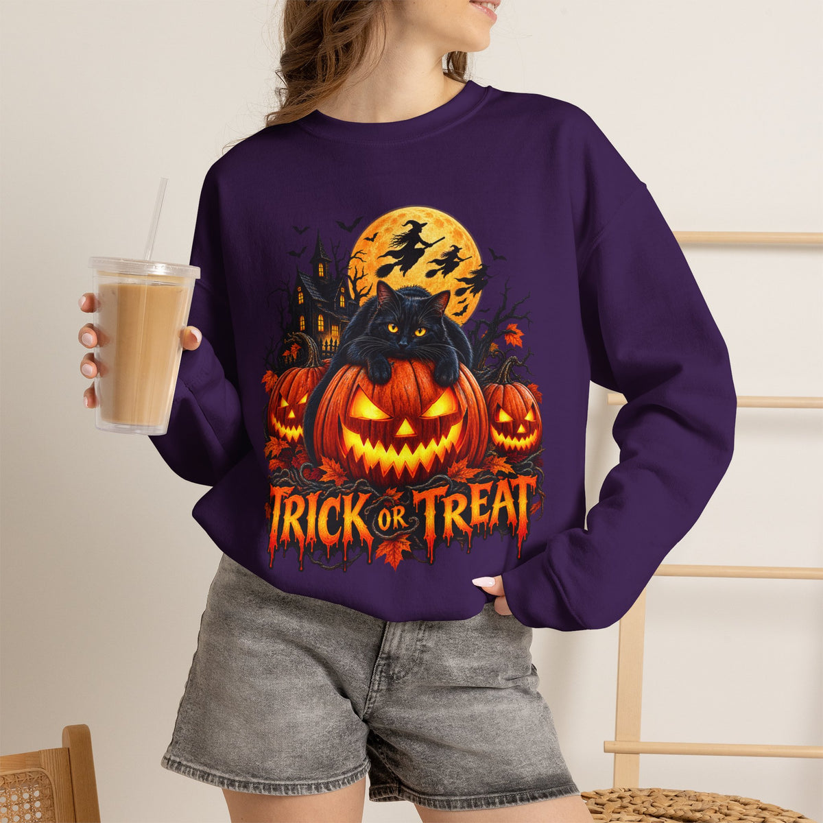 Trick or Treat Pumpkin Cat Sweatshirt | Halloween Jack-O'-Lantern Crewneck