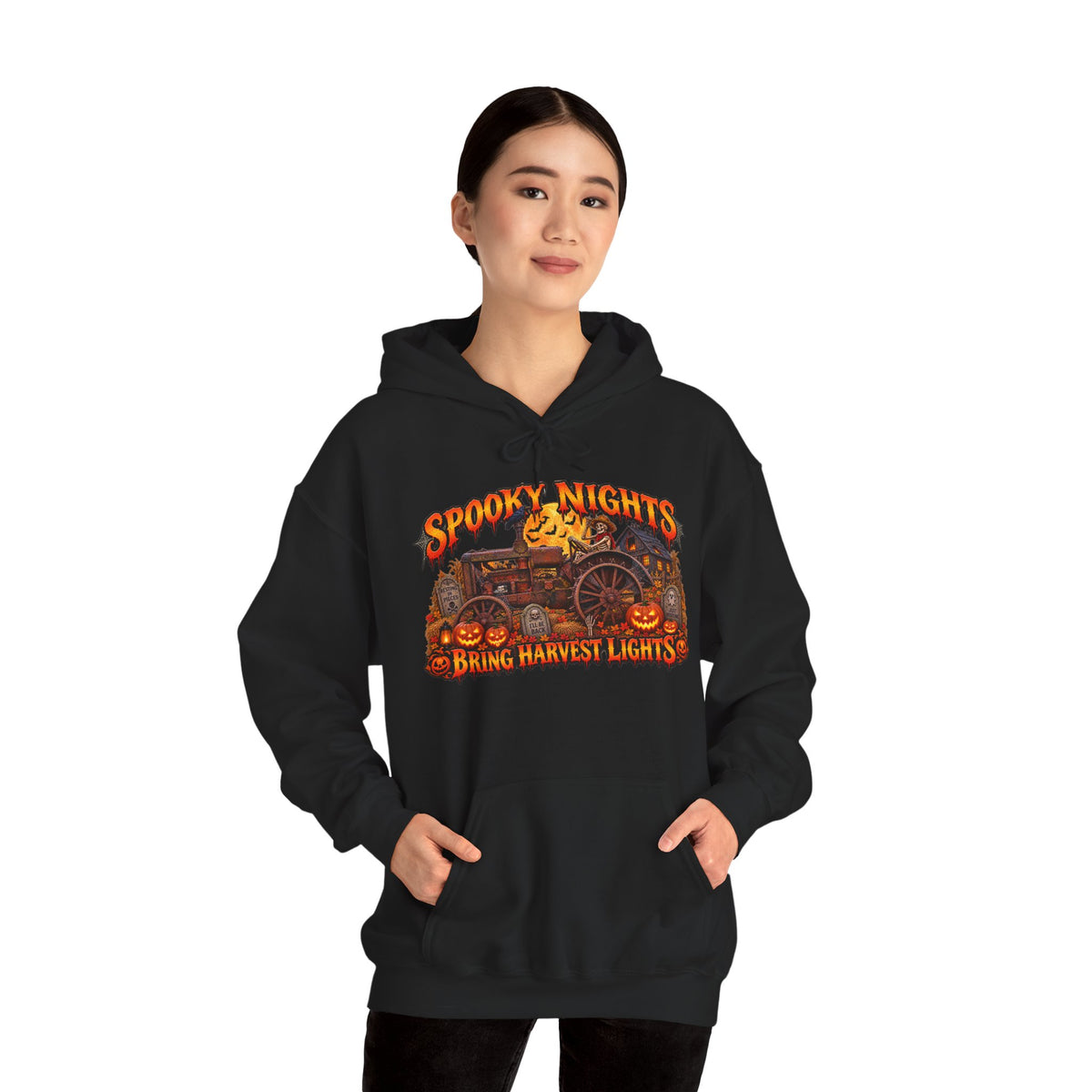 Spooky Nights Bring Harvest Lights Hoodie | Halloween Pumpkin Wagon Sweatshirt