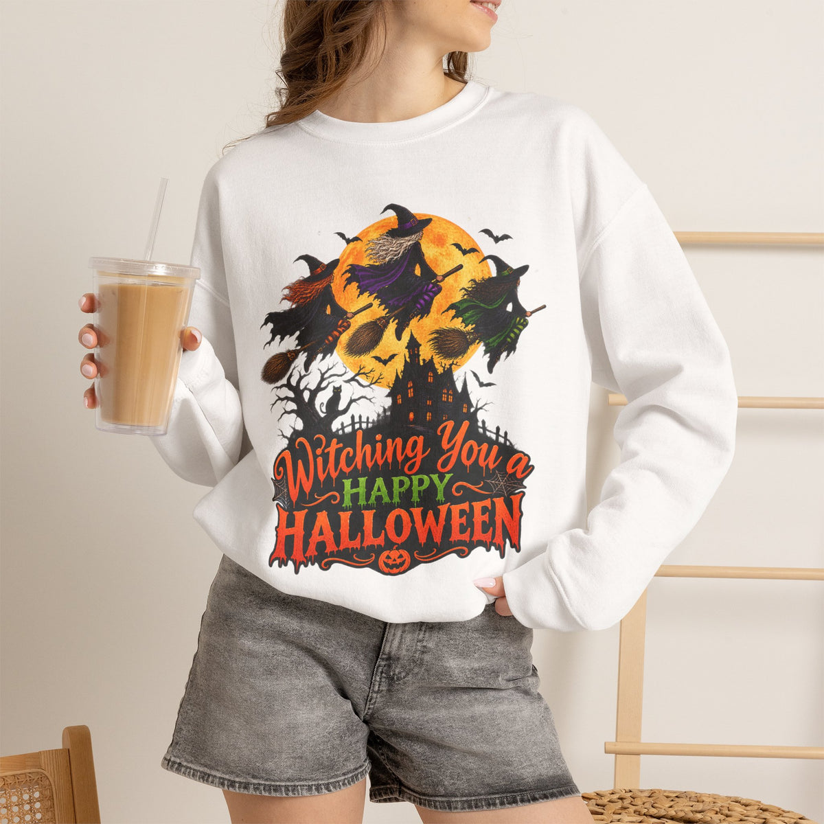 Witching You a Happy Halloween Crewneck Sweatshirt | Halloween Skull Moon Design