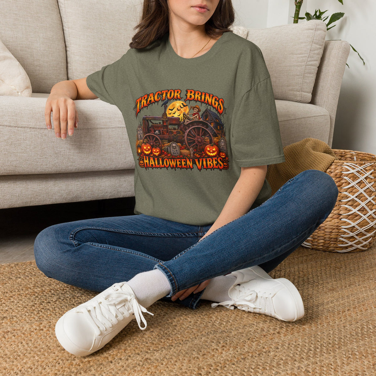 Tractor Brings Halloween Vibes T-Shirt | Pumpkin Farm Tractor Halloween Tee