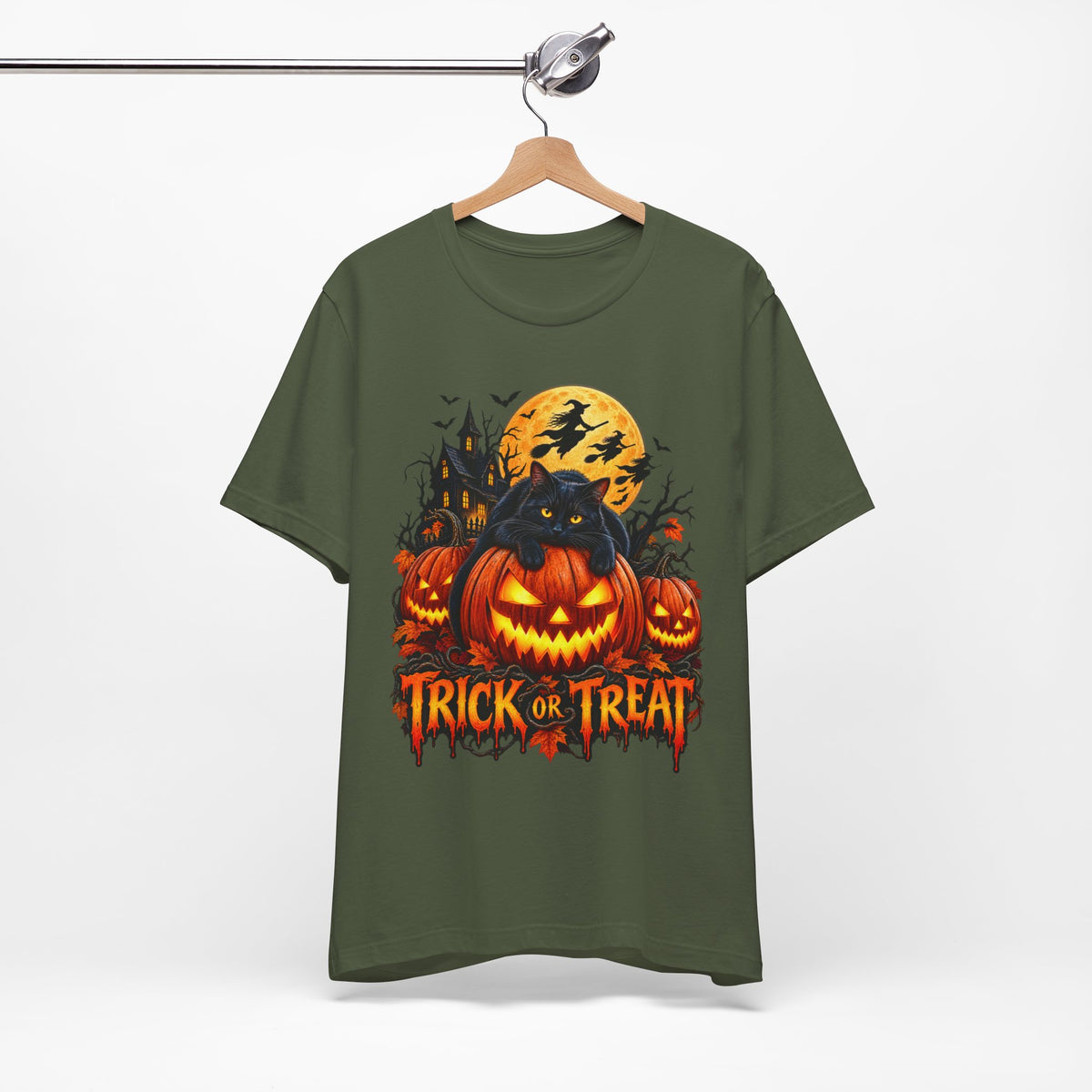 Trick or Treat Jack-O'-Lanterns Pumpkin Cat T-Shirt | Halloween Tee, Spooky Haunted Moon