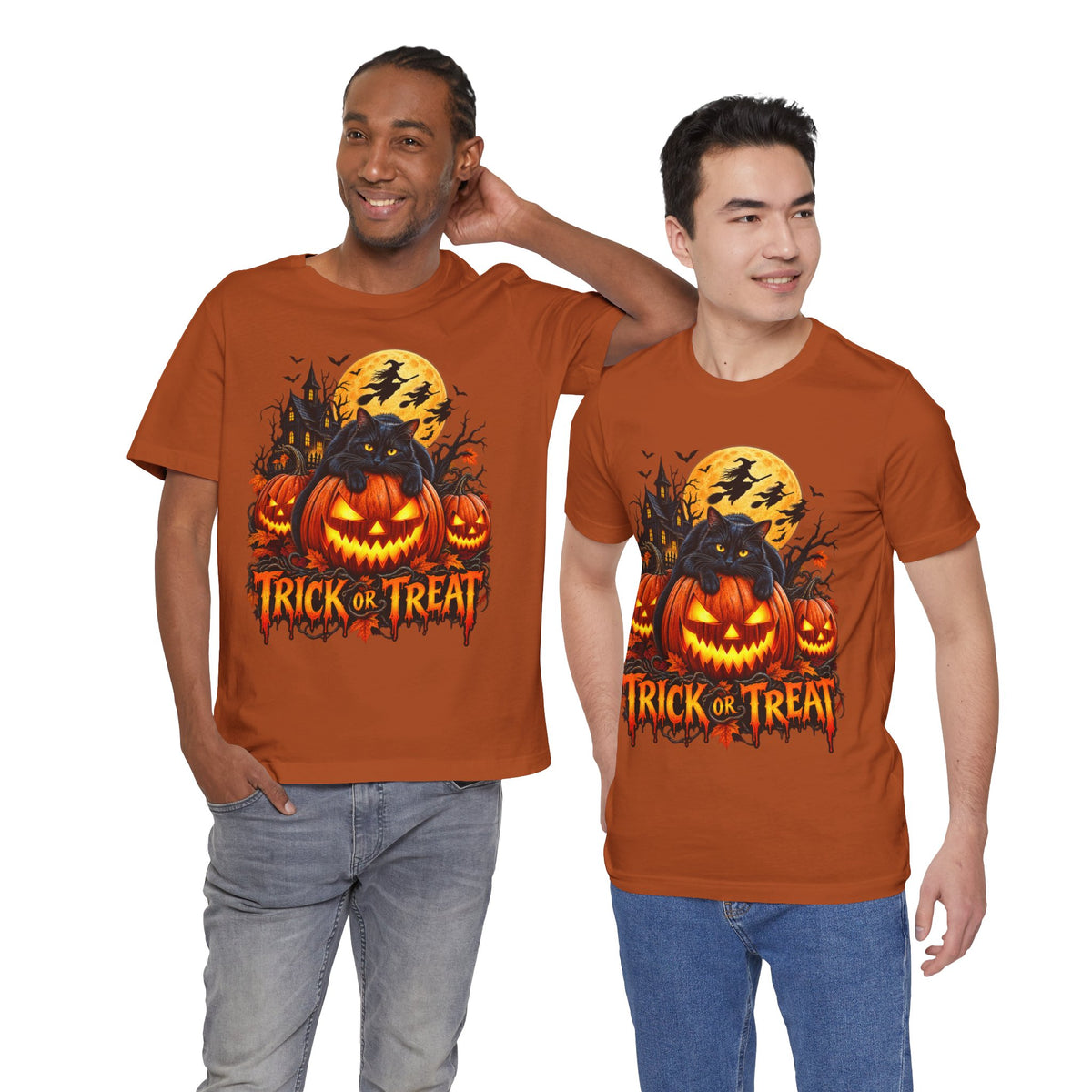 Trick or Treat Jack-O'-Lanterns Pumpkin Cat T-Shirt | Halloween Tee, Spooky Haunted Moon