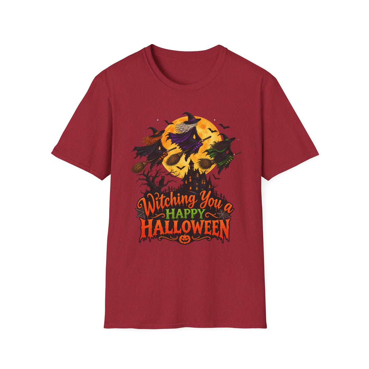 Witching You a Happy Halloween T-Shirt | Witch, Bats, Pumpkin, Moon
